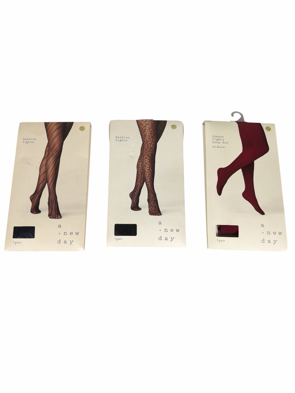A New Day Tights Bundle 3 Pair M/L Leopard Stripe Deep Red Opaque NWT